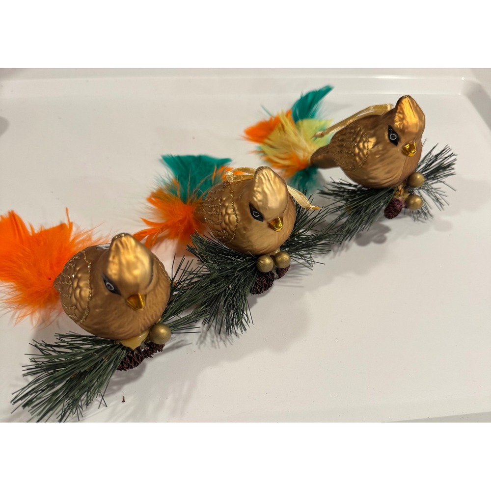 Vintage Style Gold Bird Christmas Ornaments Set of 3 Feather Tails Pine Accents